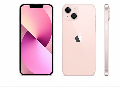 iPhone 13 smartphone with a colorful display and rose gold finish on a white background