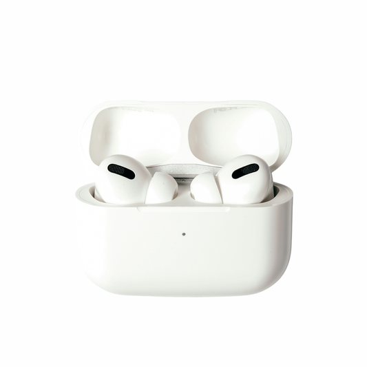 White wireless earbuds in a charging case on a white background
