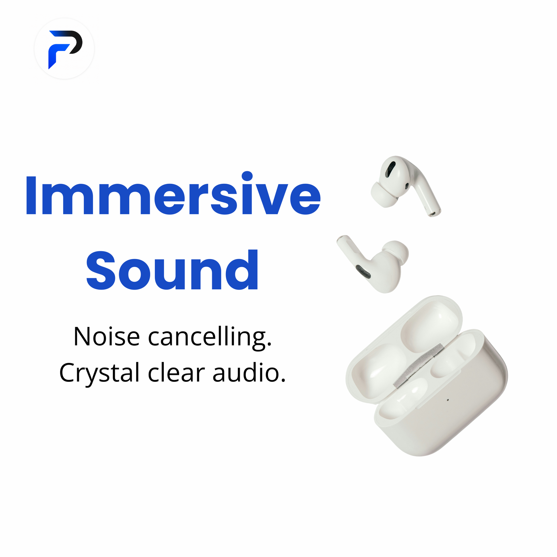 White wireless earbuds with 'Immersive Sound' text and brand logo on a white background