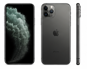 Silver iPhone Pro front, back, and side view with white background.