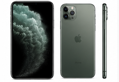 Silver iPhone 11 Pro Max front, back, and side with white background.