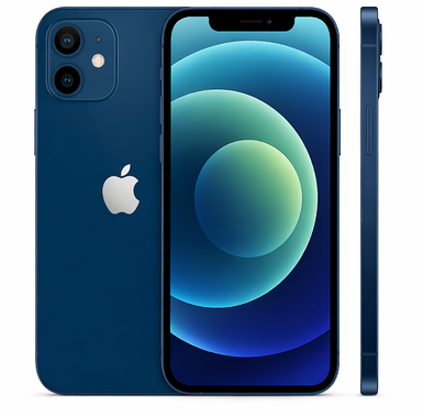 Blue iPhone 12 front, back and side view with white background.