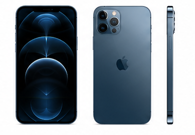 Blue iPhone 12 Pro showing front, back, and side views on a white background