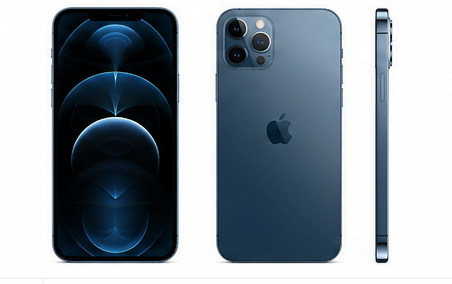 Blue iPhone 12 Pro showing front, back, and side views on a white background
