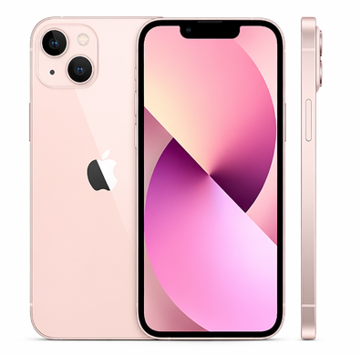 Pink iPhone 13 front, back and side view with white background.