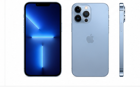 Apple iPhone 13 pro smartphone showing front, back, and side views on a white background