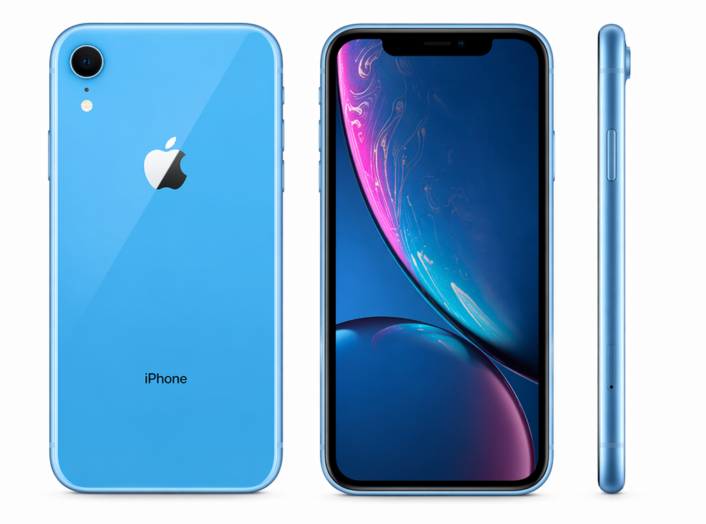 Blue iPhone XR with features listed on a white background