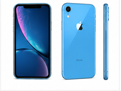 Blue iPhone XR showing front, back, and side views on a white background
